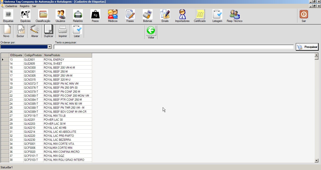 Tela de pesquisa de etiquetas no software TAG
